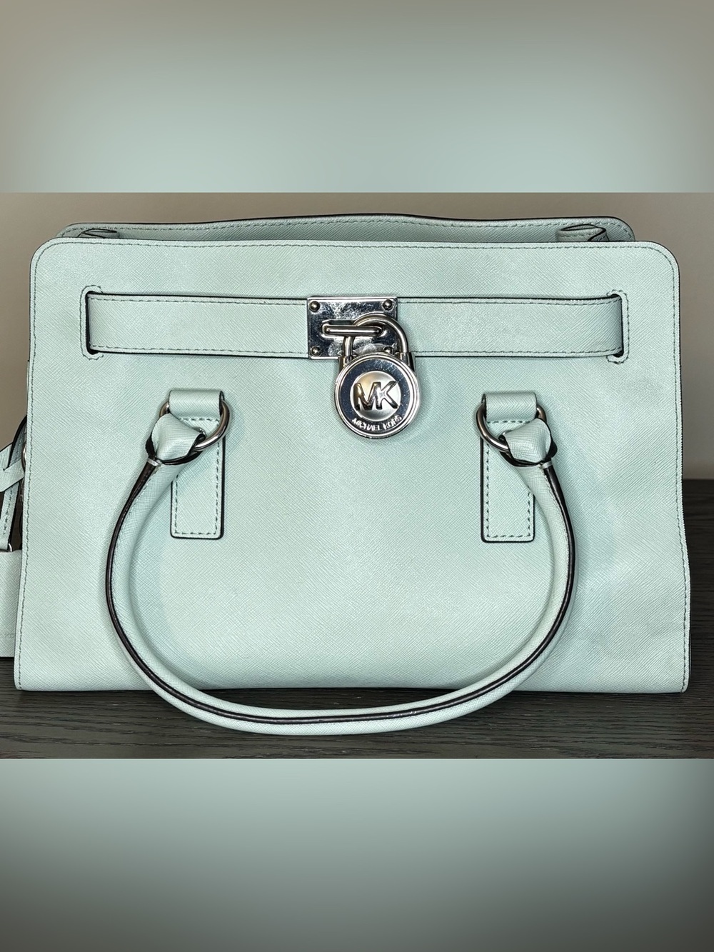 Michael Kors Hamilton Mint Green Saffiano Leather Satchel Tote Silver Lock Bag